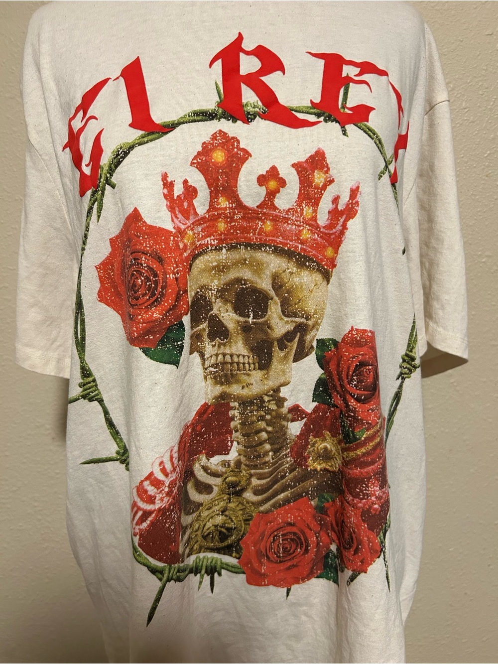 Rebellious One White Tee with Red Roses & Gold Skull Crown